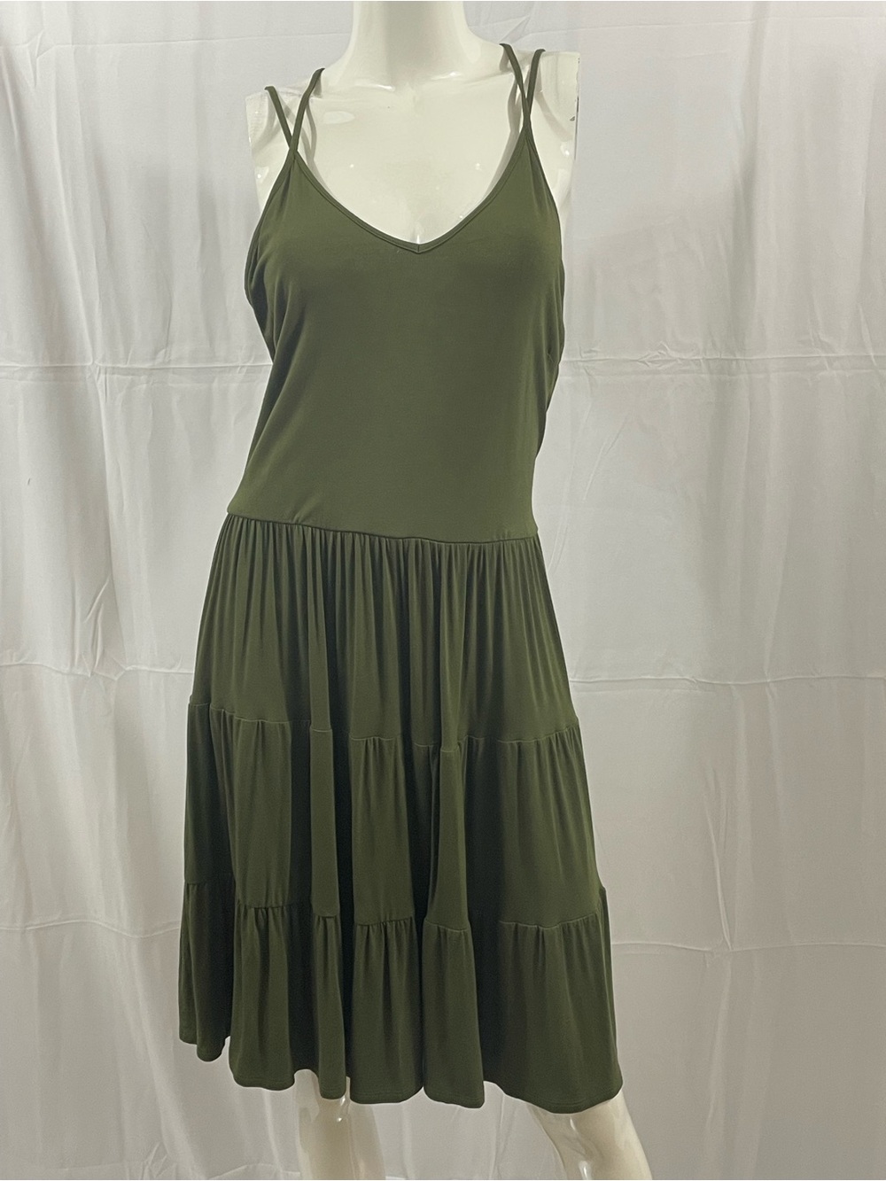Olive Green Tiered Spaghetti-Strap Dress